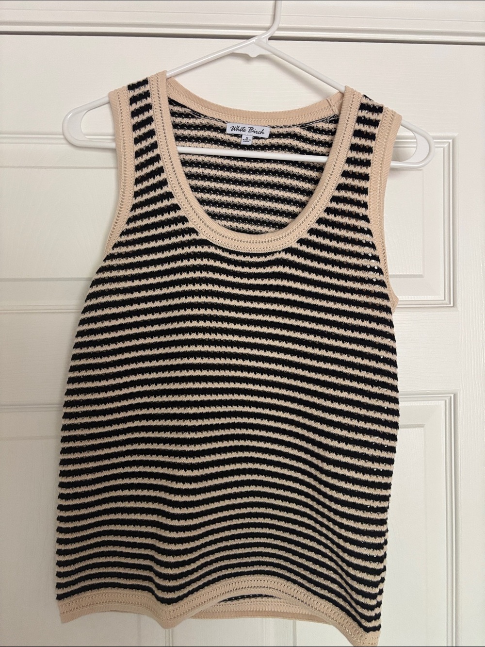 White Birch Black and Beige Striped Crochet Tank